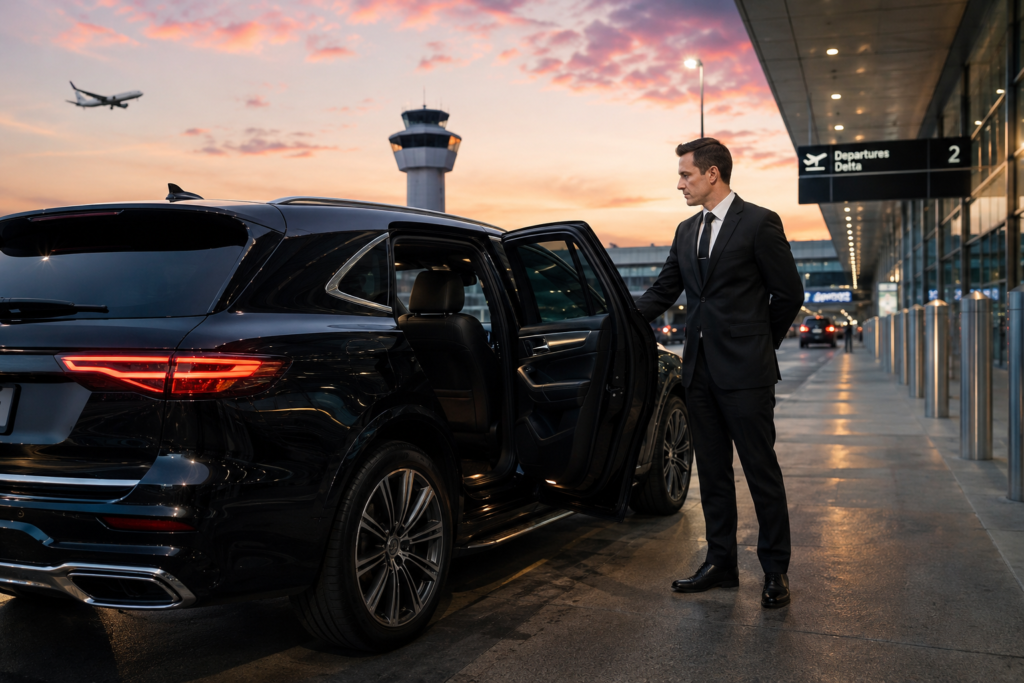 Chauffeur waiting beside luxury sedan at Denver airport curb