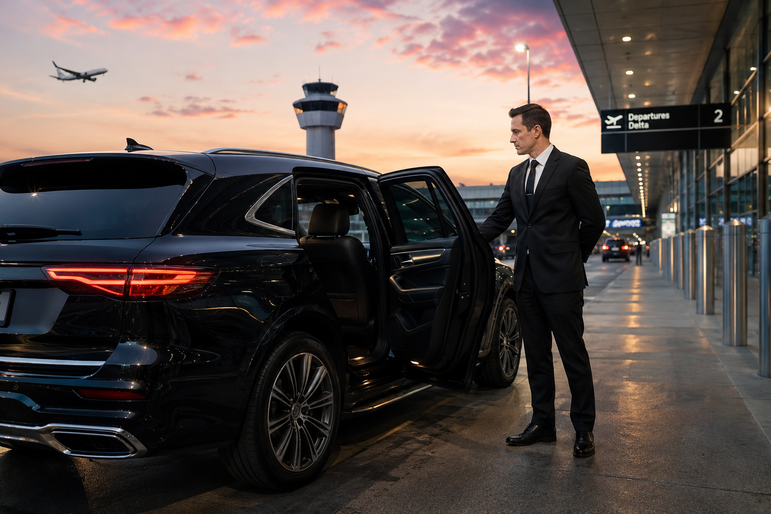 Chauffeur waiting beside luxury sedan at Denver airport curb