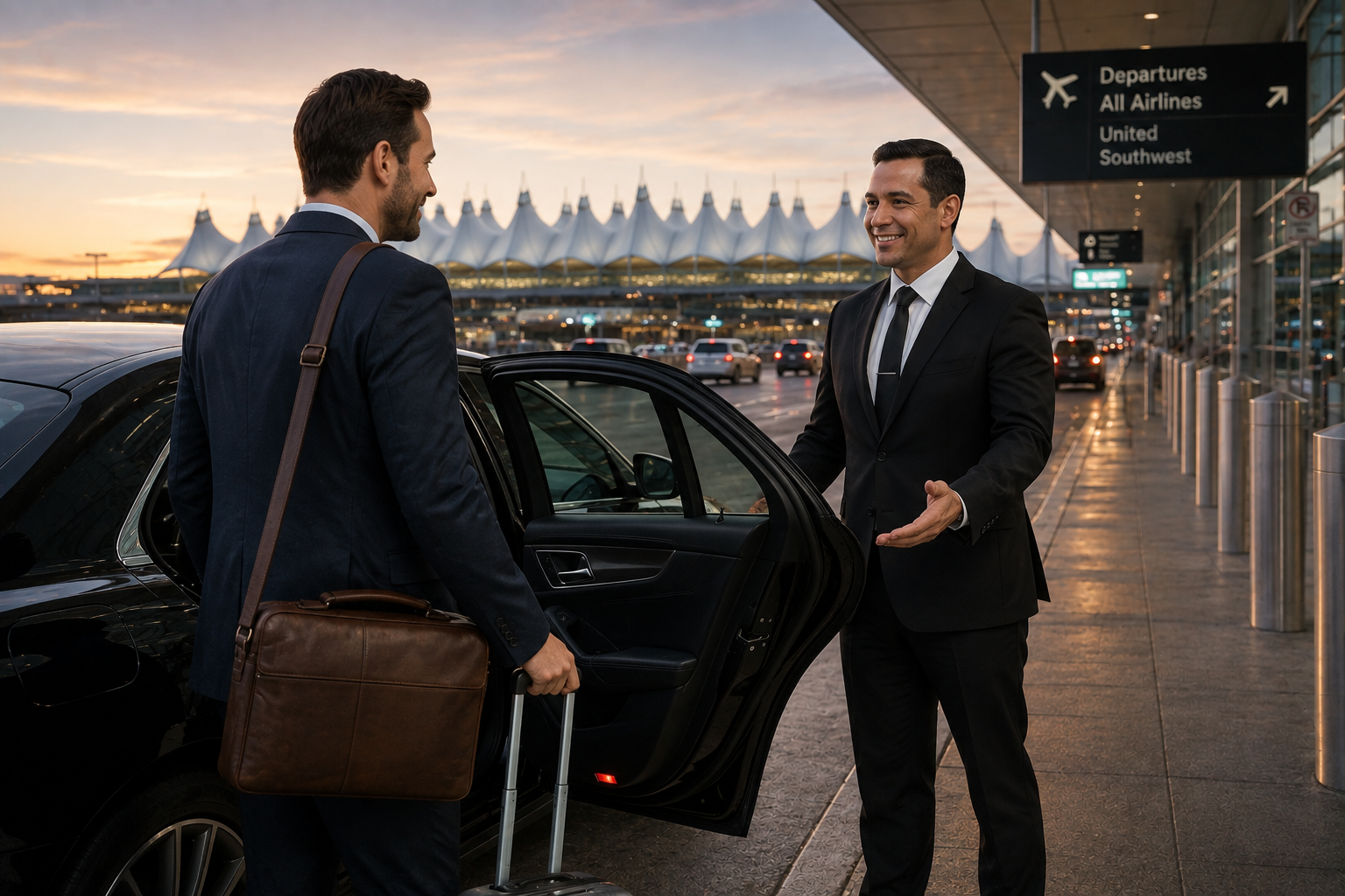 Business traveler greeted by chauffeur at car door