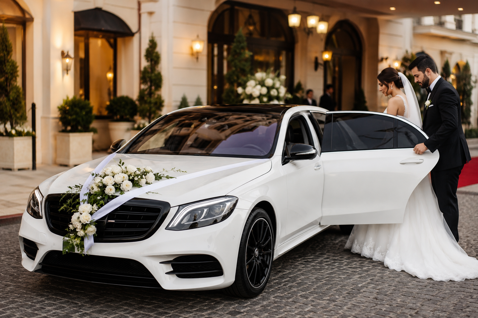 Elegant wedding car outside a venue