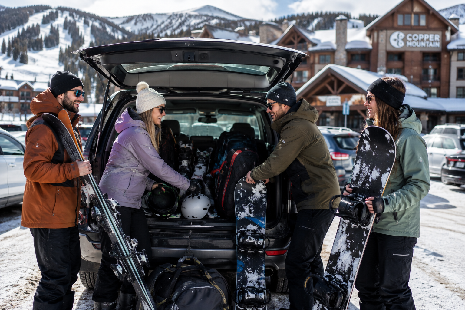 Group loading ski gear into a van outside a mountain resort