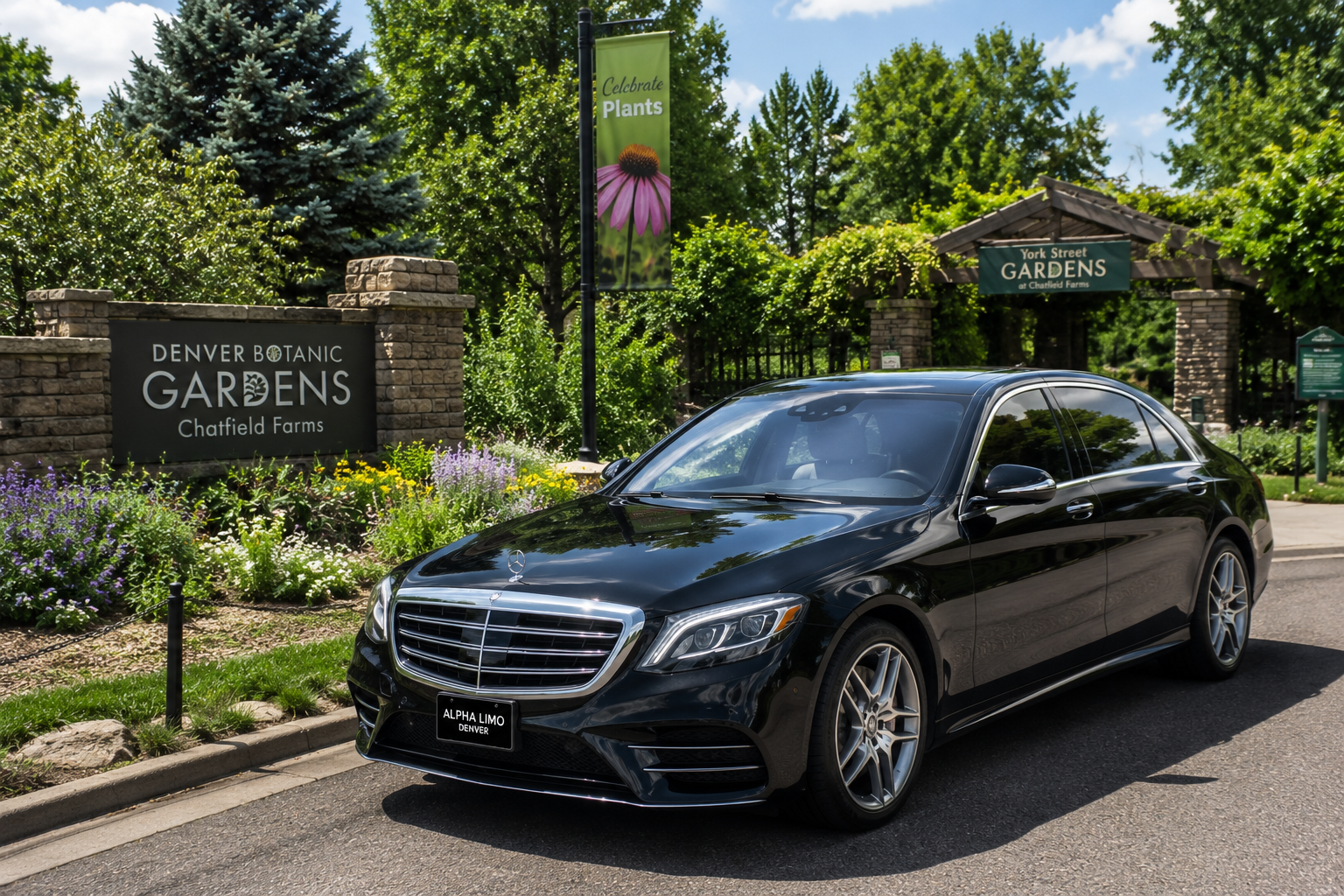 Black sedan parked near a botanical garden entrance