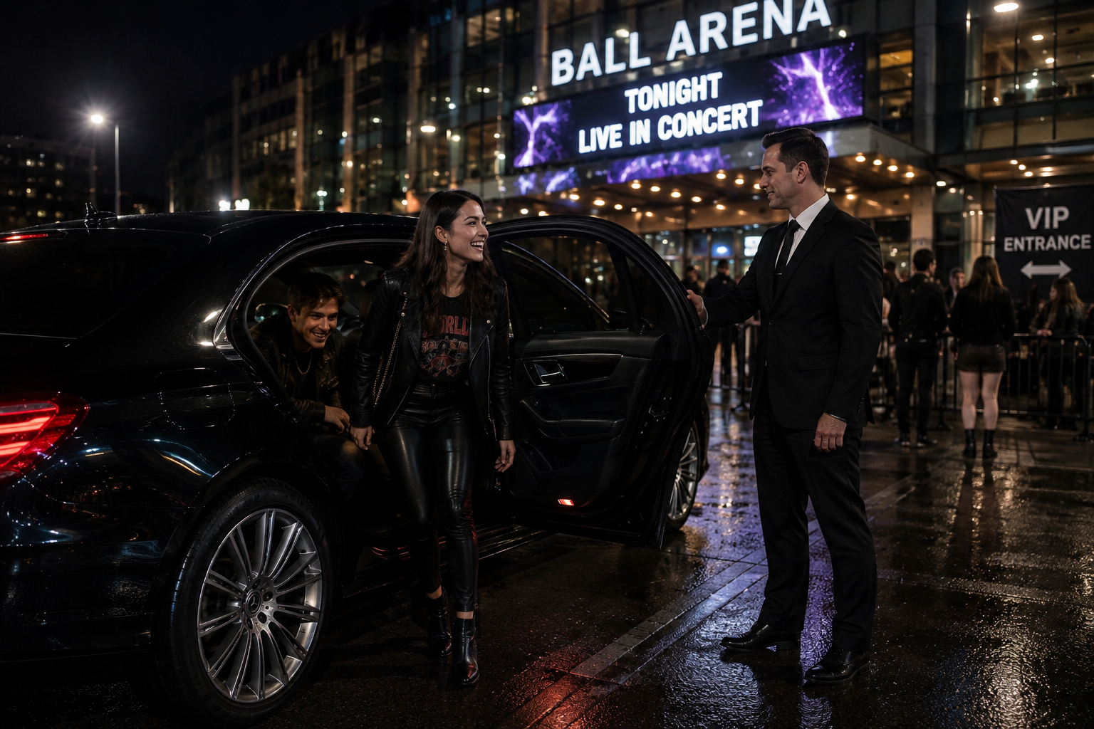 Guests being dropped off at a concert venue entrance at night