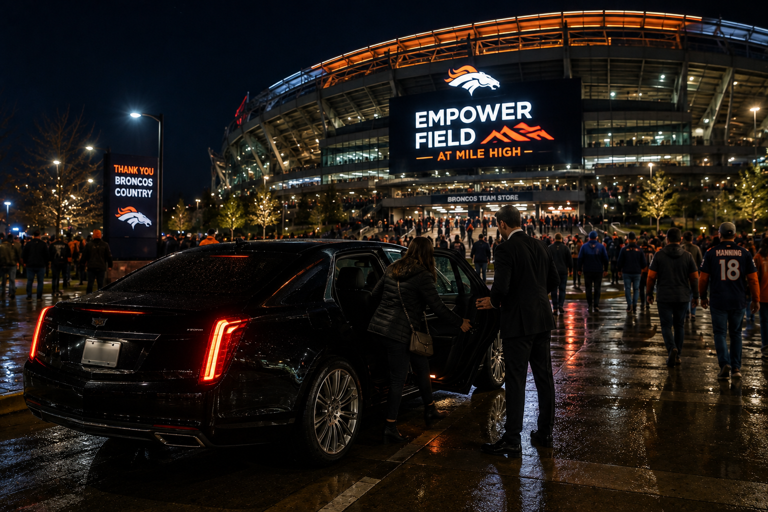 Black car dropping off passengers outside a Denver stadium at night
