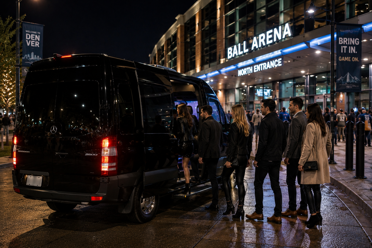 Group boarding a passenger van outside an event venue
