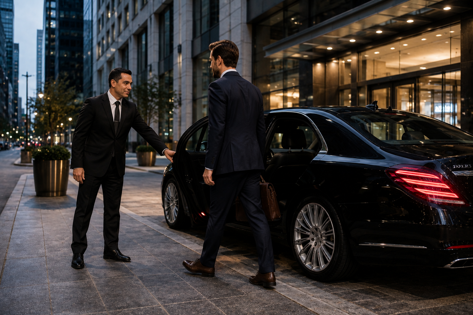 Chauffeur opening car door for an executive outside an office building