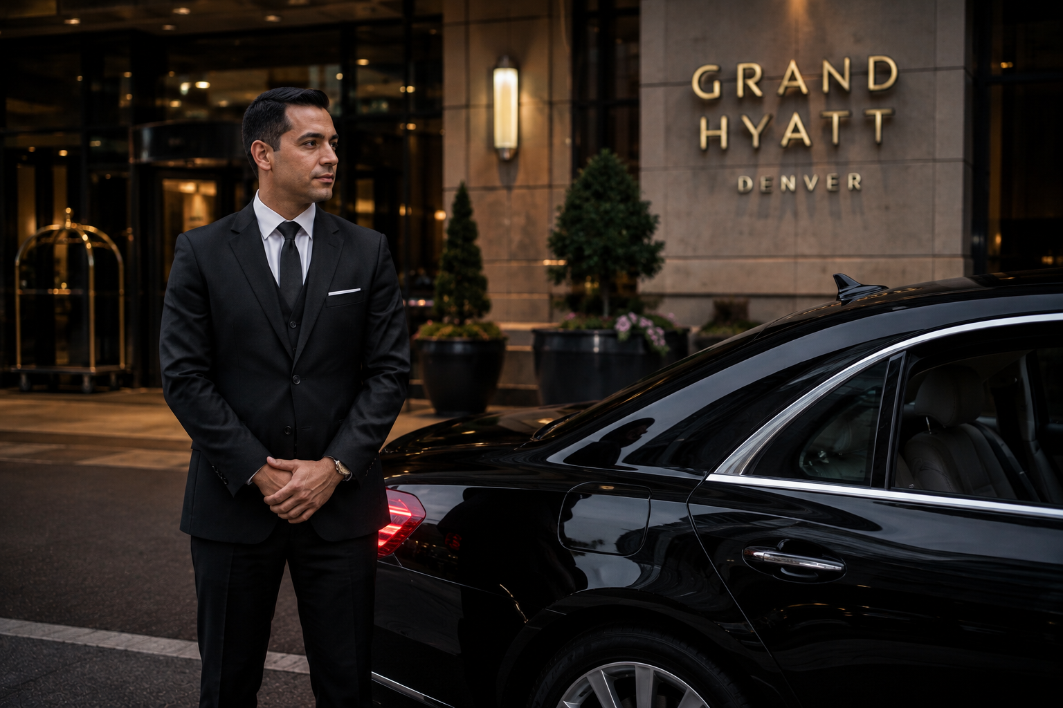 Professional chauffeur standing beside a car at a hotel entrance