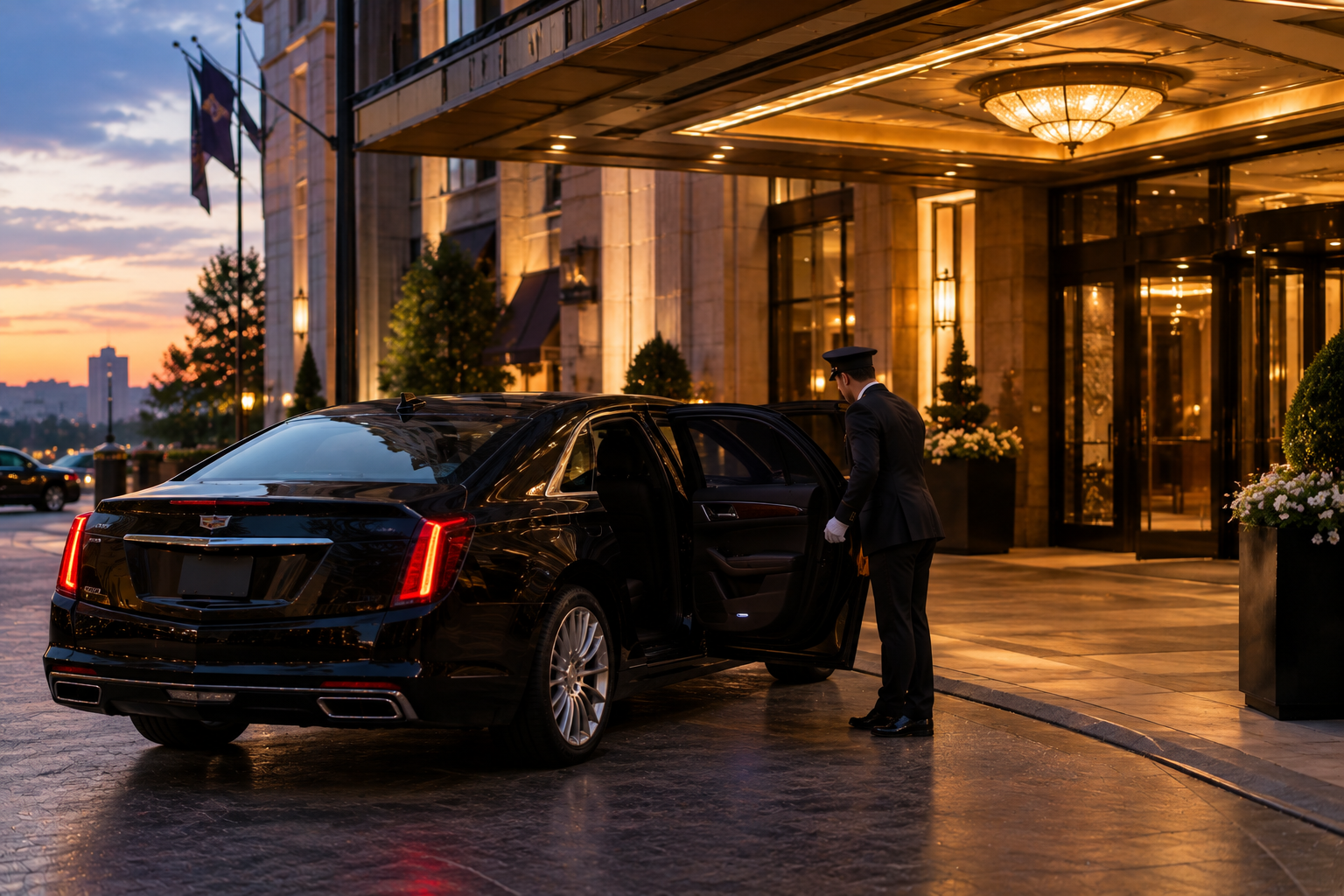 Chauffeur opening the door of a black sedan at a luxury hotel entrance in Denver