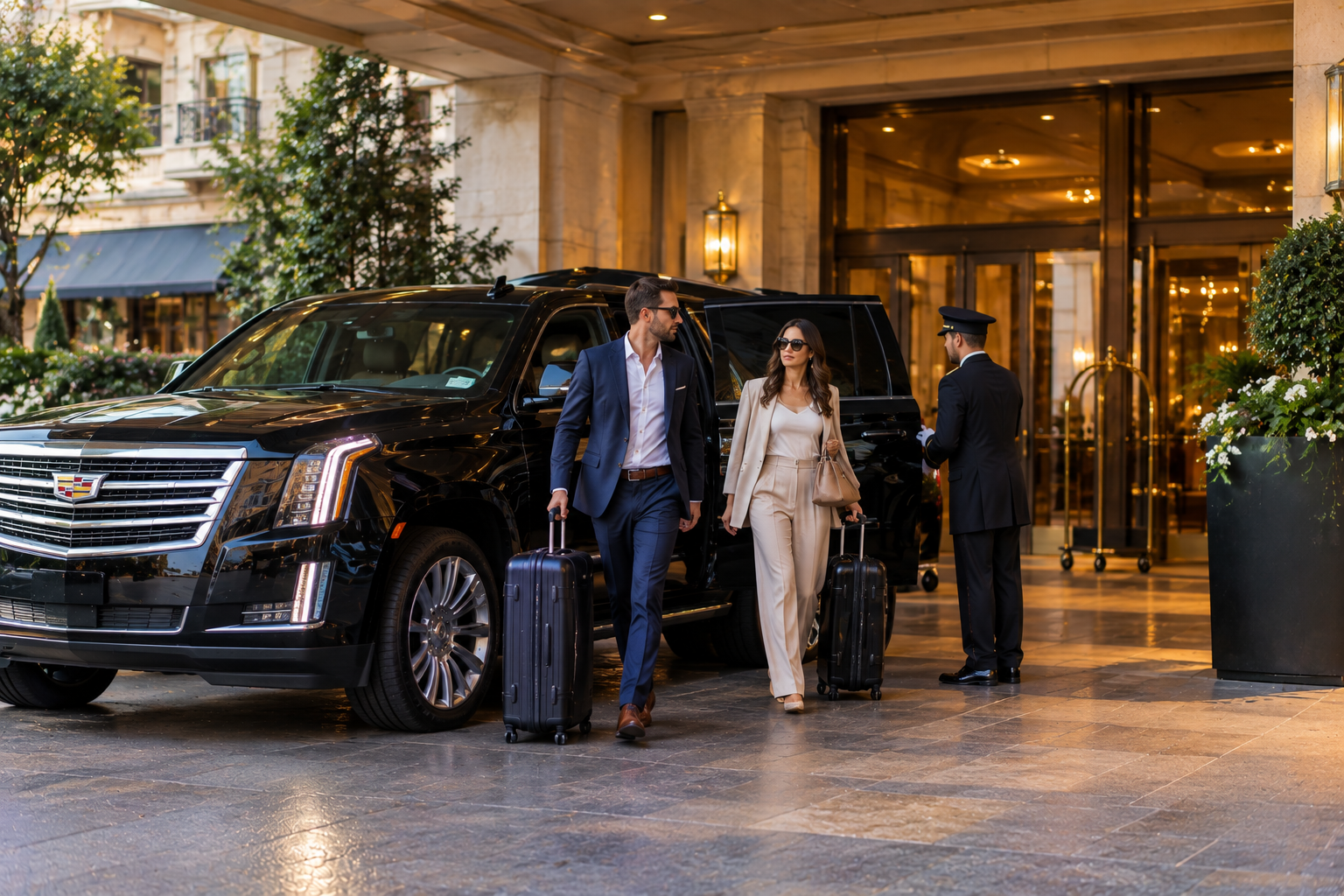 Couple arriving at a luxury Colorado resort in a chauffeured SUV