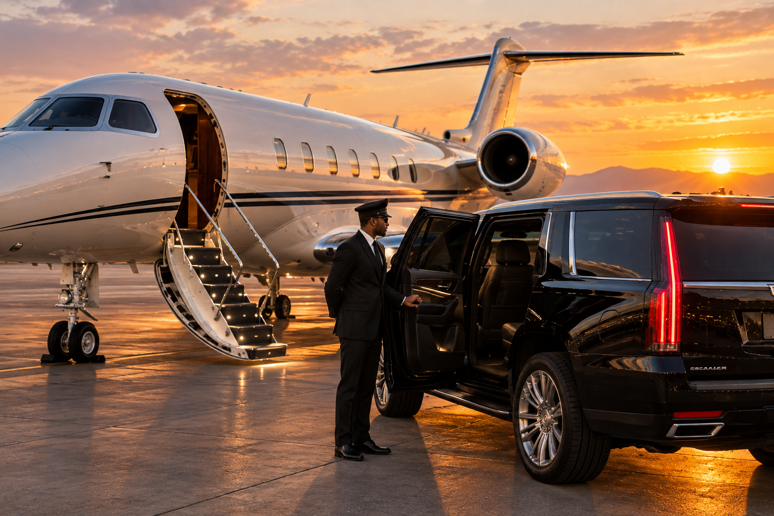 Chauffeured SUV waiting beside a private jet for an FBO transfer in Denver