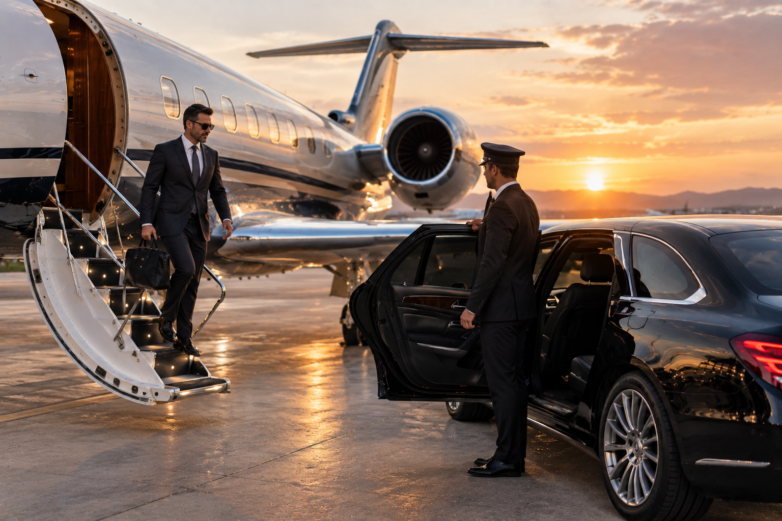 Executive walking to a waiting chauffeured sedan after a private flight