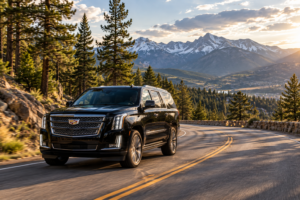 Black SUV driving through the Colorado foothills near Denver