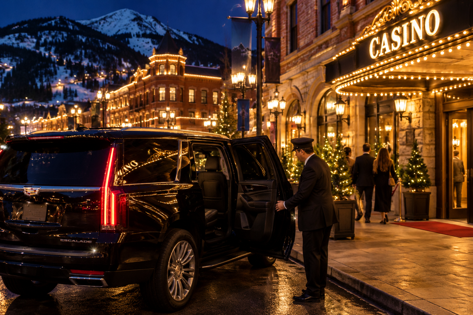 Chauffeured SUV arriving in the historic mountain town of Black Hawk at night