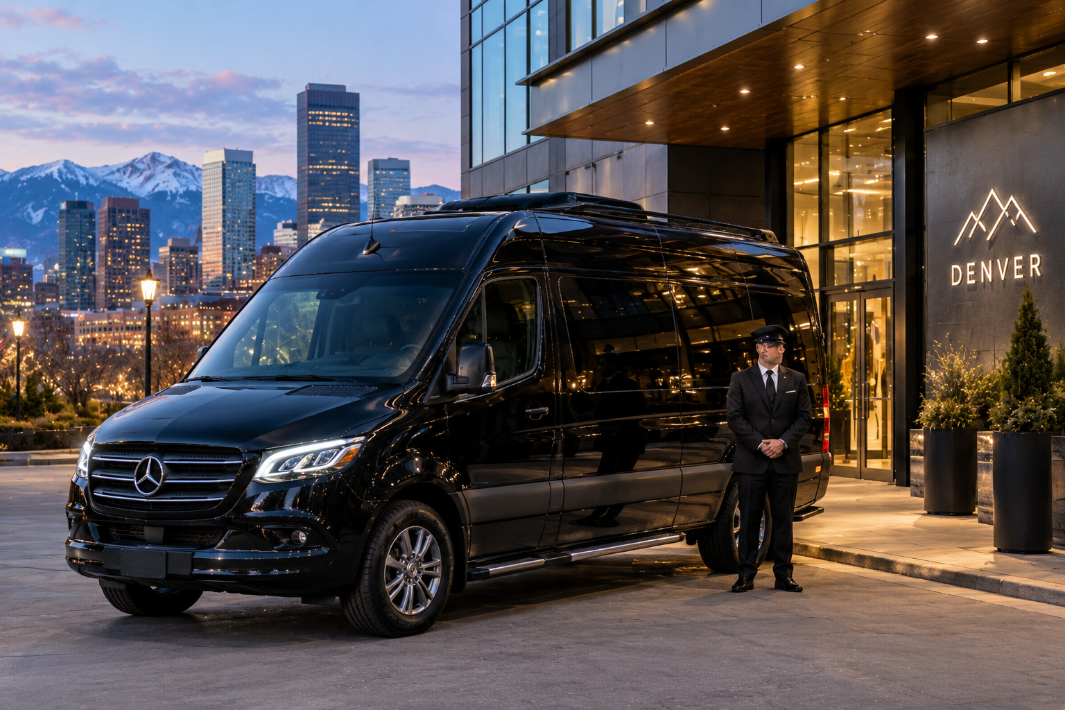 Black luxury Sprinter van and chauffeur in Denver ready for group transportation