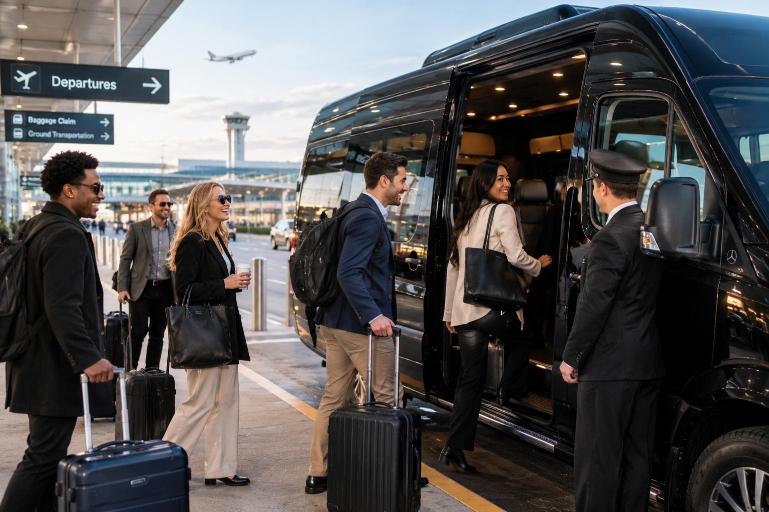 Group boarding a luxury Sprinter van for an airport transfer