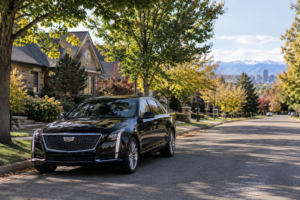 Black sedan parked on a quiet suburban Denver street
