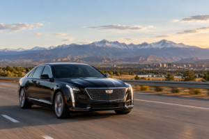 Black sedan driving along the Front Range highway corridor in Colorado