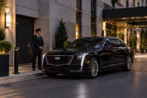 Discreet black luxury sedan at a hotel side entrance for a VIP transfer