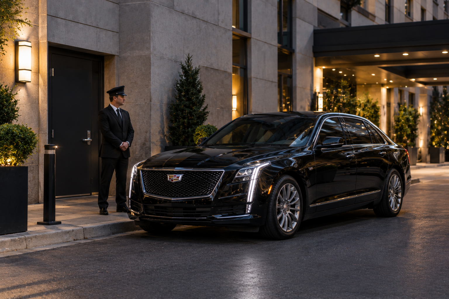 Discreet black luxury sedan at a hotel side entrance for a VIP transfer