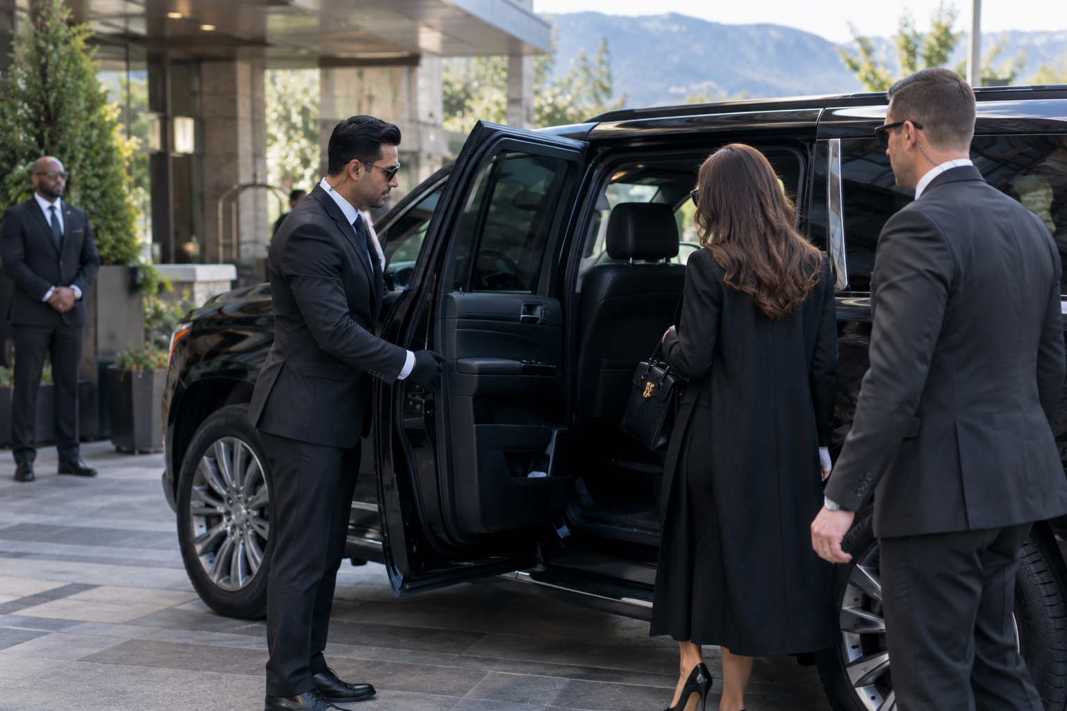 Chauffeur assisting a VIP guest with a discreet security presence nearby