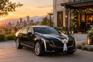 Elegant black sedan outside a Denver wedding venue at golden hour