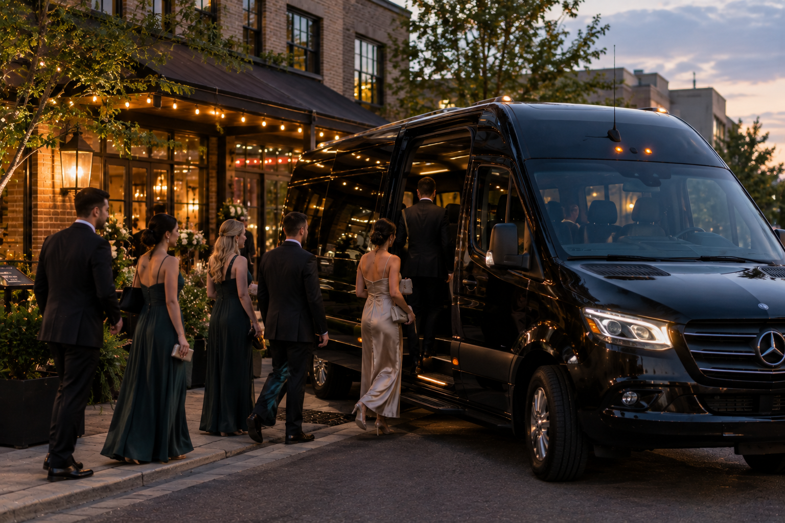 Wedding party boarding a Sprinter van outside a rehearsal dinner venue