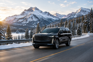 Black luxury SUV driving on a snowy mountain highway in Colorado