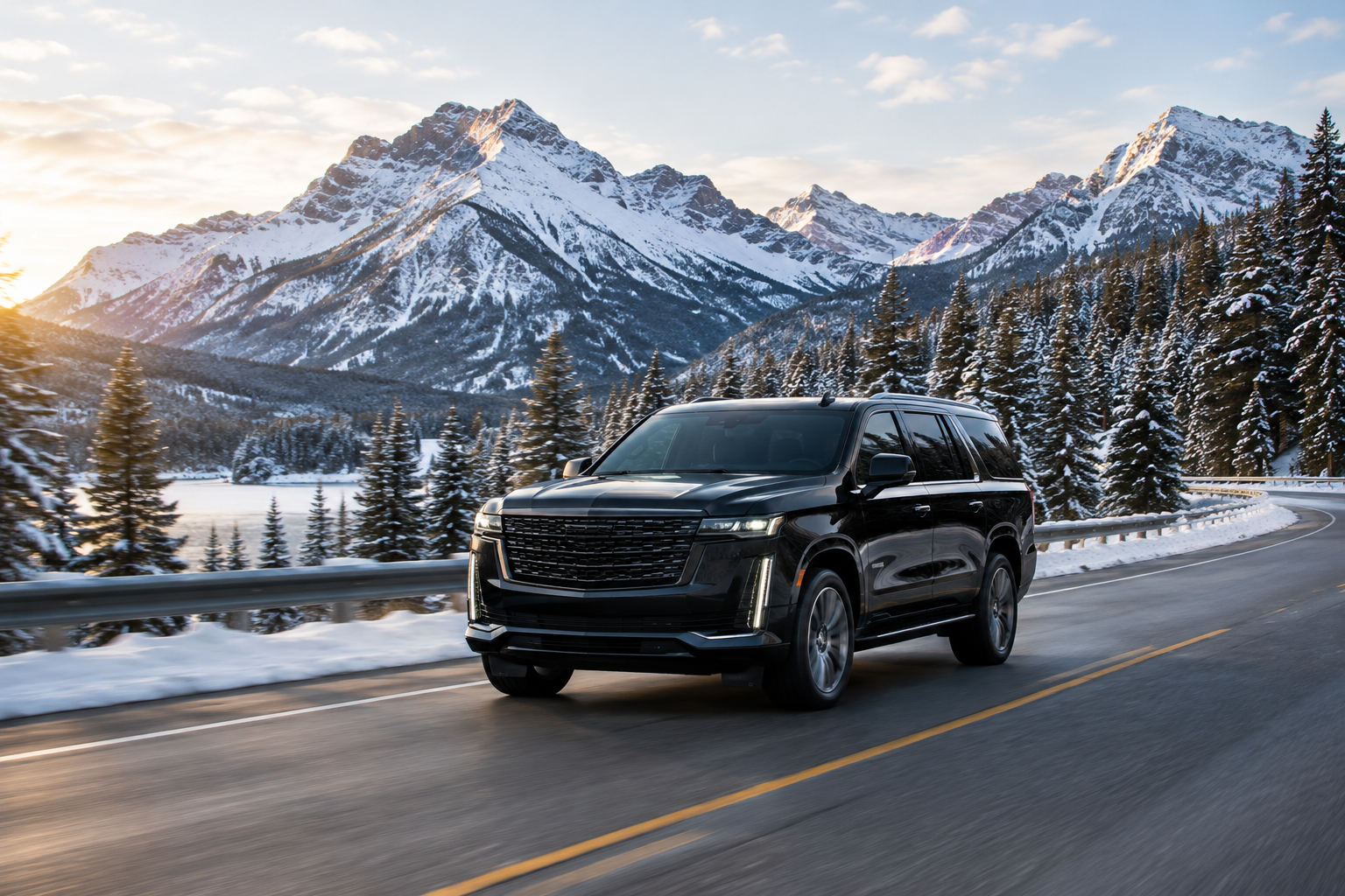 Black luxury SUV driving on a snowy mountain highway in Colorado