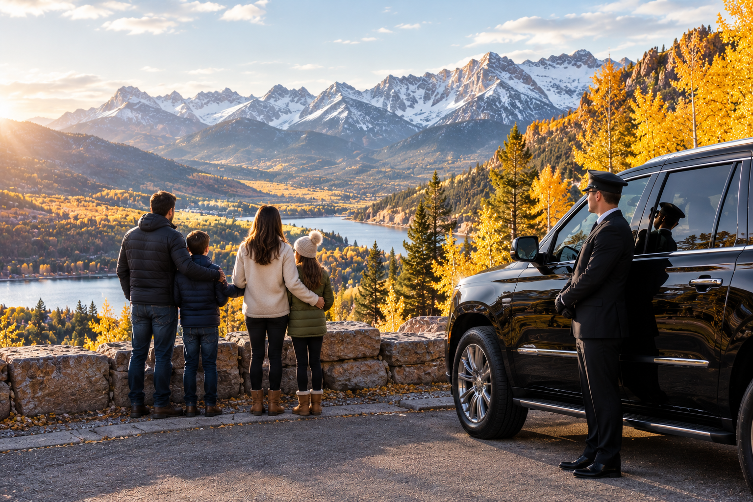 Family enjoying a mountain overlook next to a black SUV