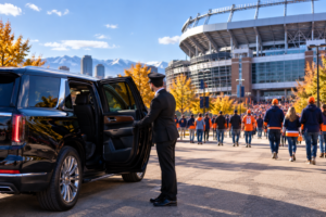 Black luxury SUV with chauffeur outside Empower Field game day
