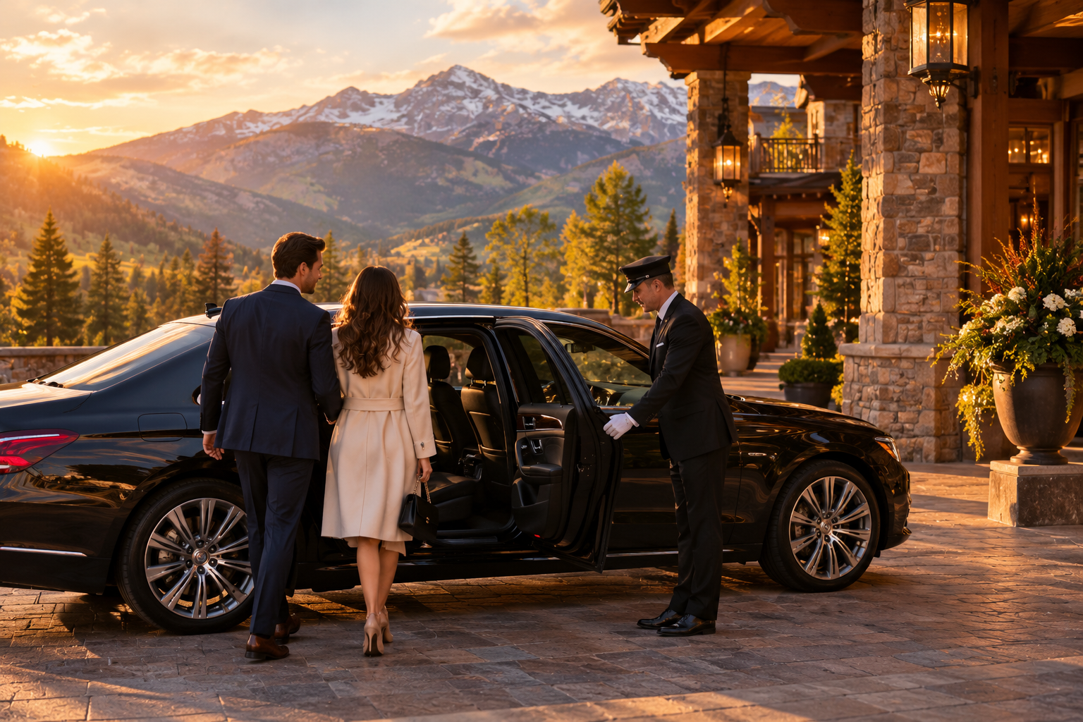Couple being greeted by a chauffeur at a historic resort entrance