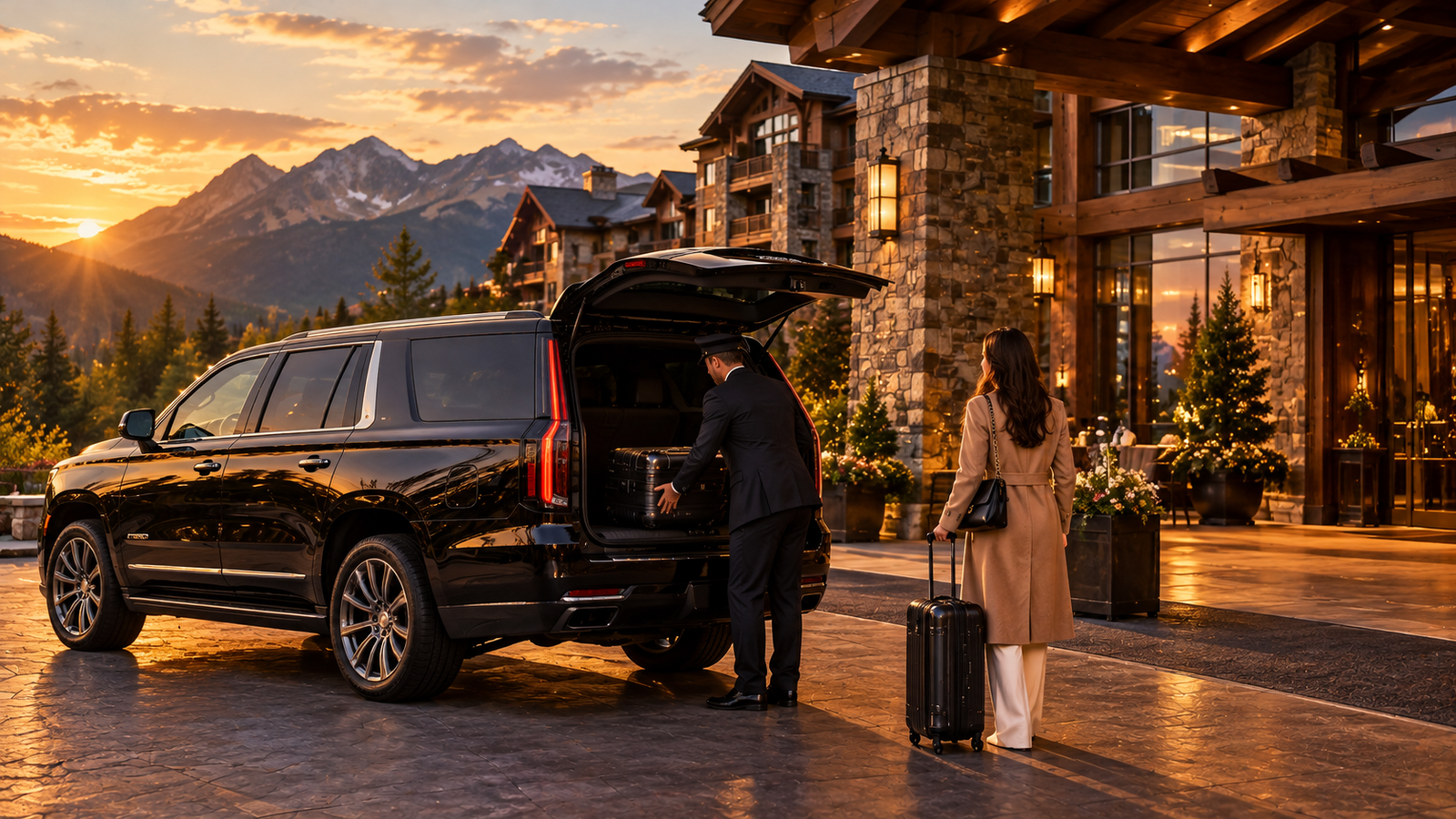 Chauffeur loading luggage into a black luxury SUV outside a mountain resort hotel