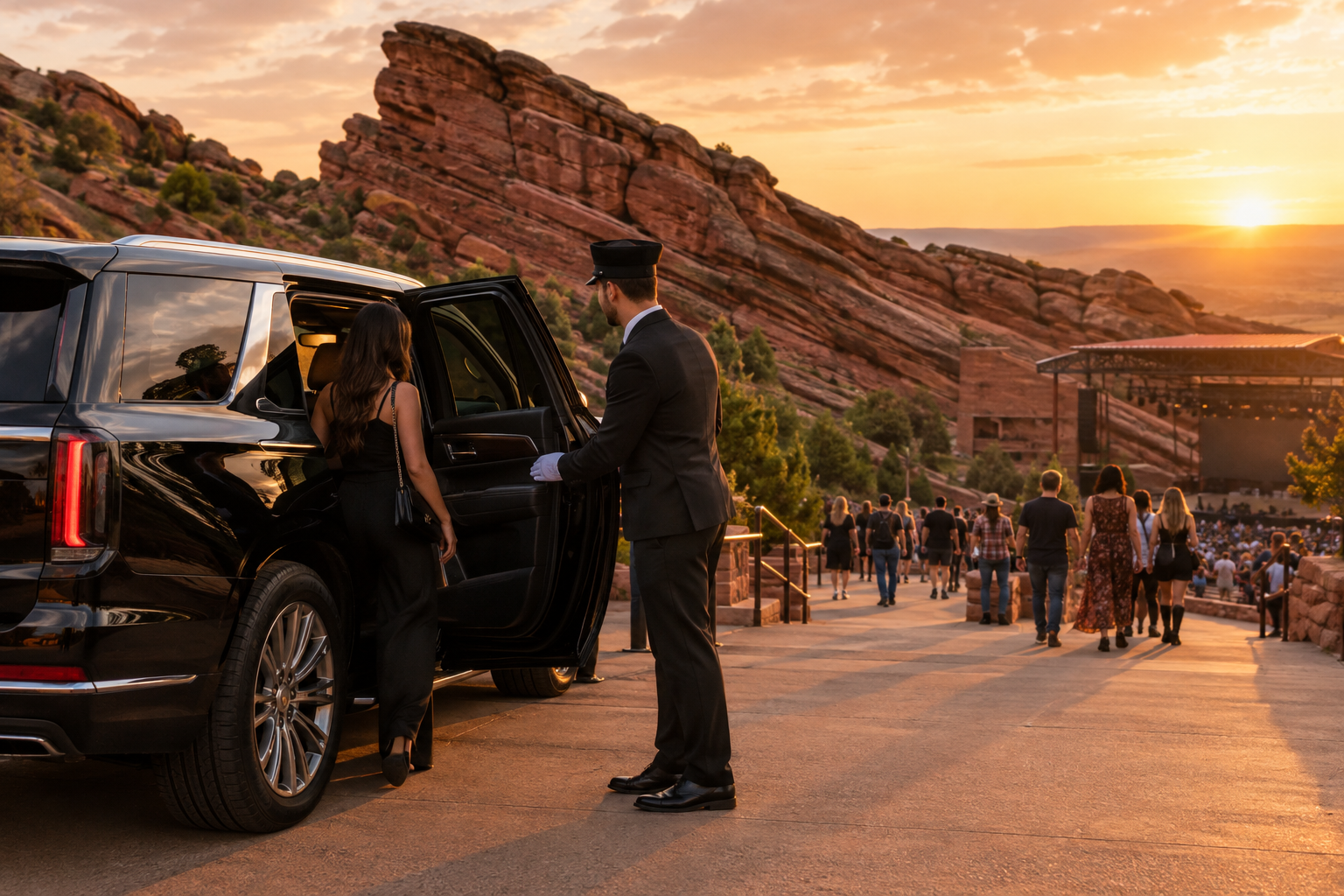 Black luxury SUV near Red Rocks Amphitheatre at golden hour