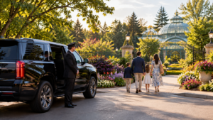 Black luxury SUV and chauffeur near the entrance of a Denver botanical garden