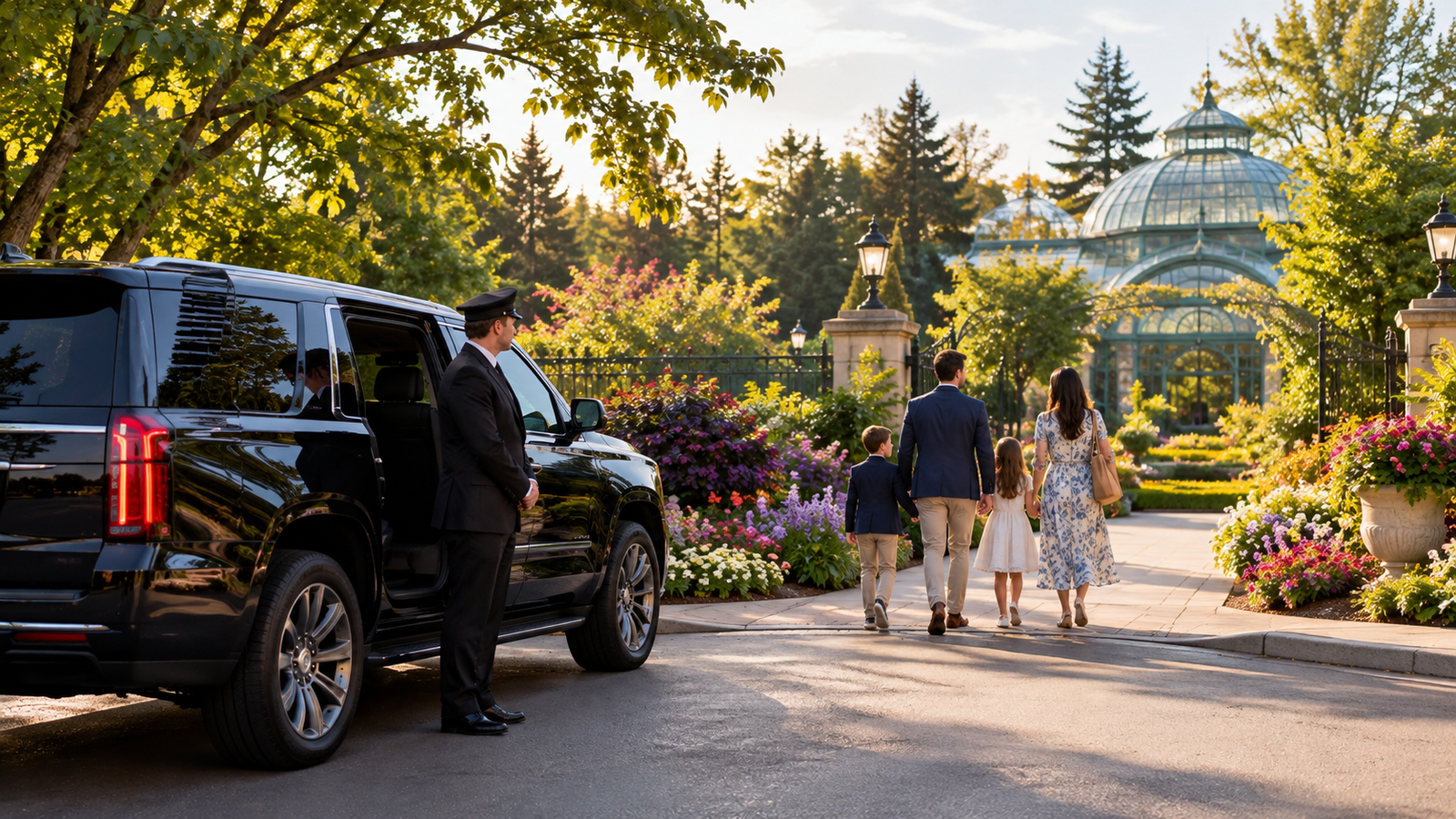 Black luxury SUV and chauffeur near the entrance of a Denver botanical garden