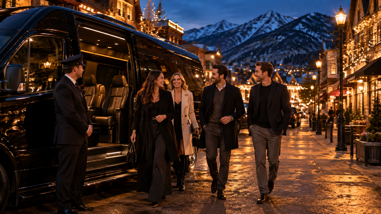 Group of friends stepping out of a luxury Sprinter van in a historic mountain town at night