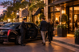 Black sedan outside an upscale Cherry Creek restaurant at dusk