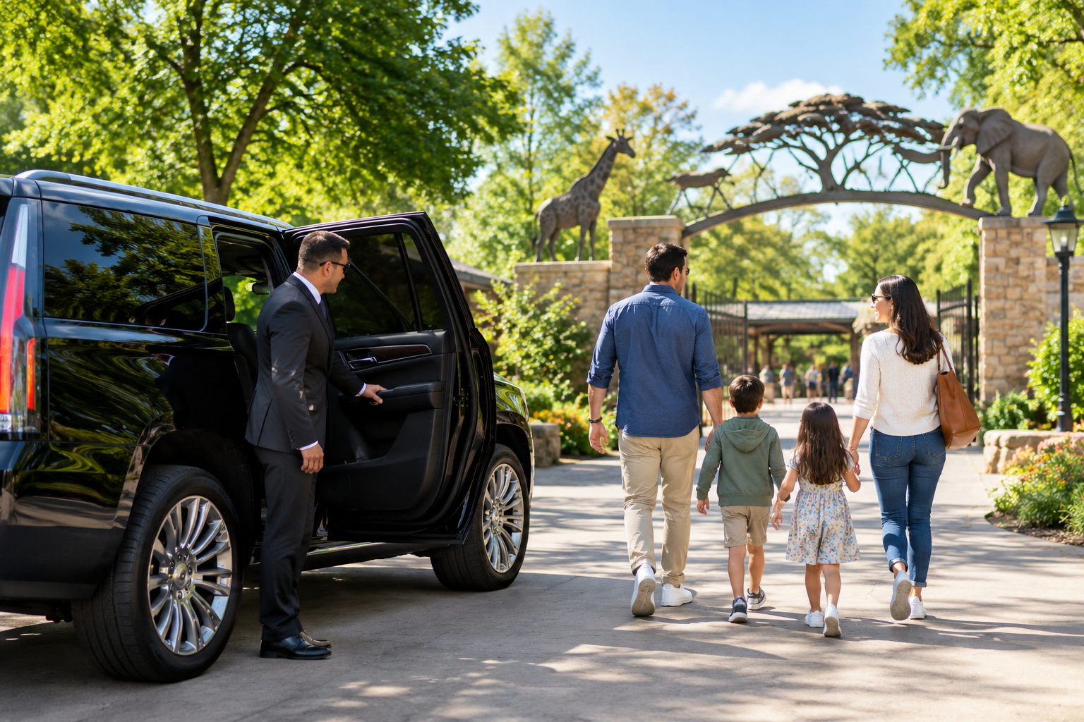 Family stepping out of a black luxury SUV near the Denver Zoo entrance