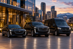 Fleet of a black luxury sedan, SUV and Sprinter van parked side by side