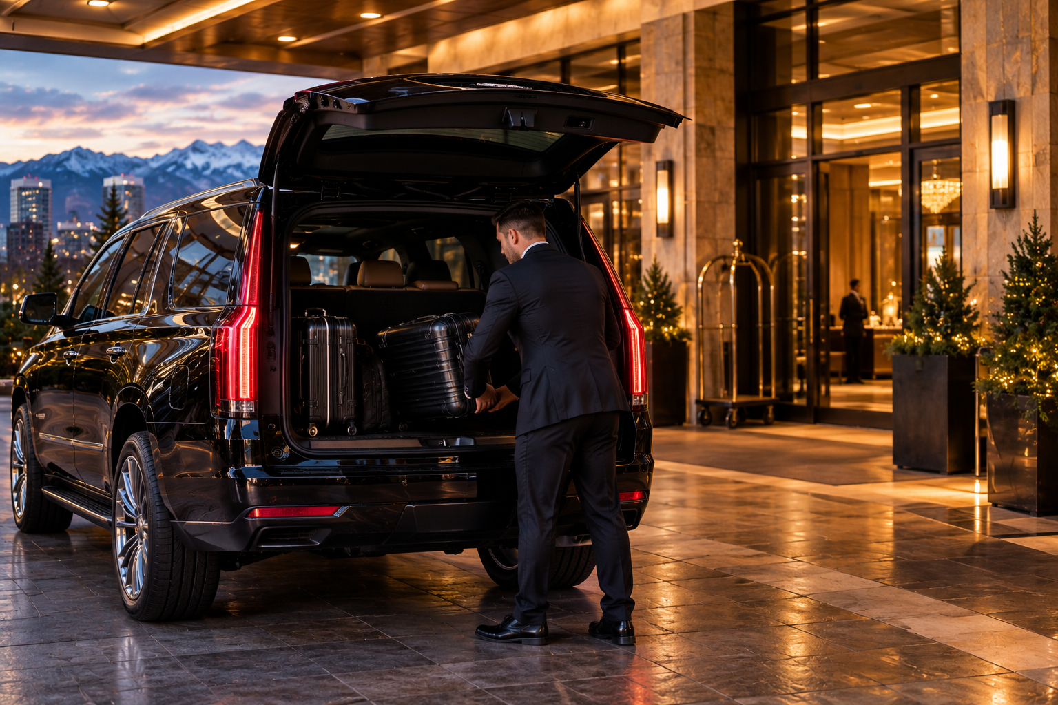 Chauffeur loading luggage into a black premium SUV at a hotel entrance