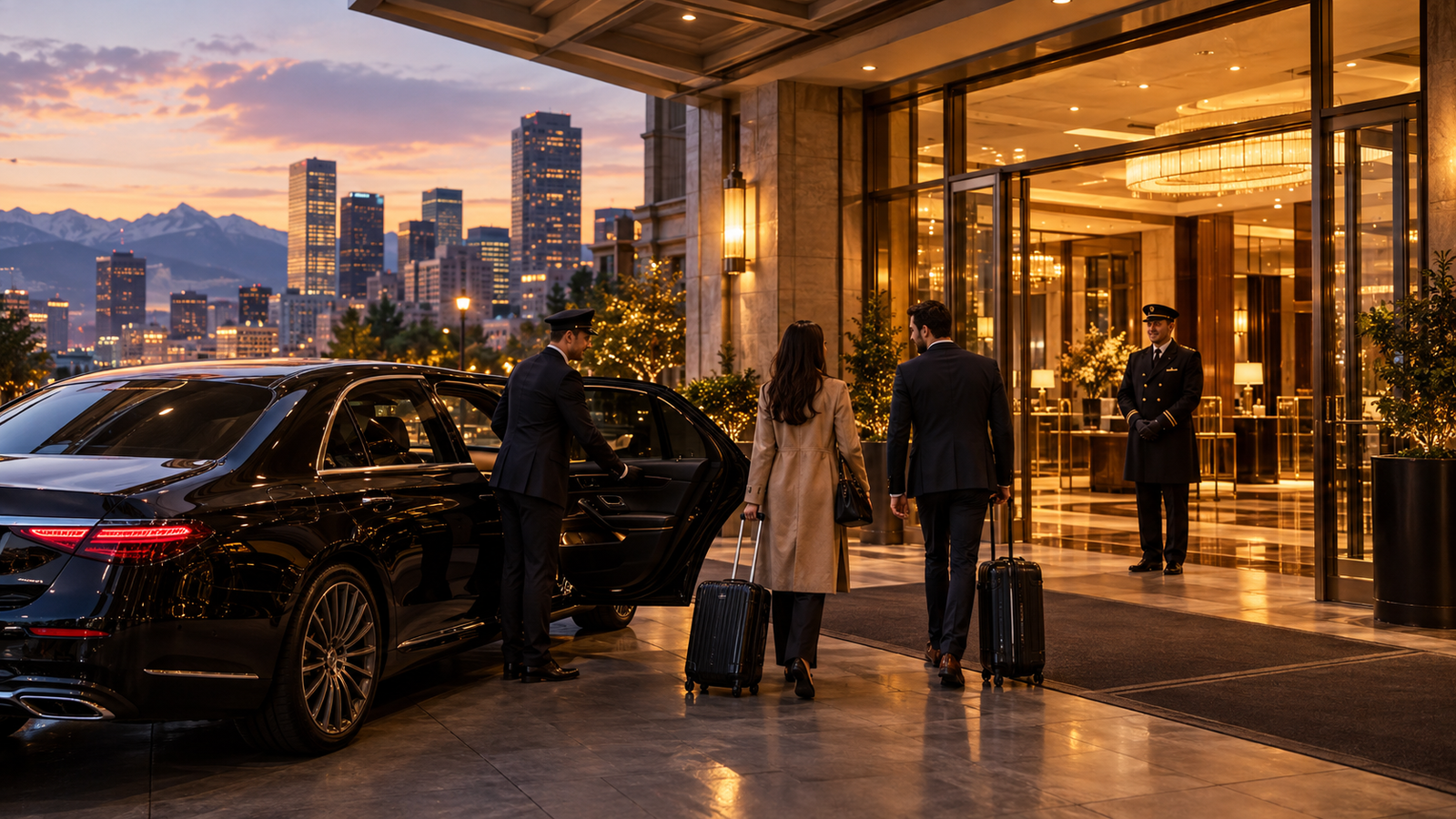 Black luxury sedan arriving at the entrance of an upscale Denver hotel at dusk