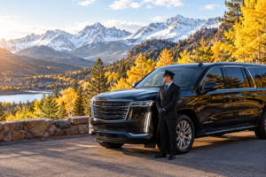 Black luxury SUV on a mountain road near Estes Park