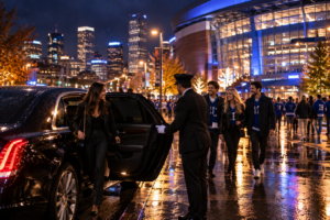 Black luxury sedan outside a downtown Denver arena at night