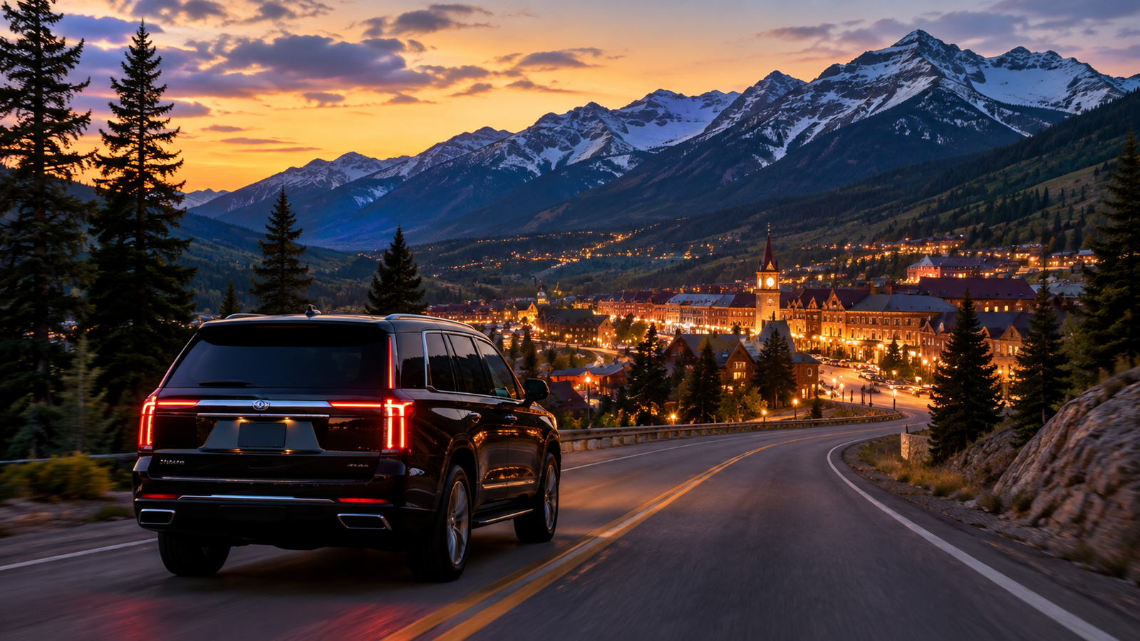Black luxury SUV on a mountain road heading to a historic Colorado town at dusk